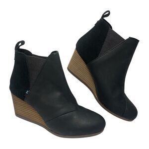 Toms Black Ankle Booties with Brown Wedge